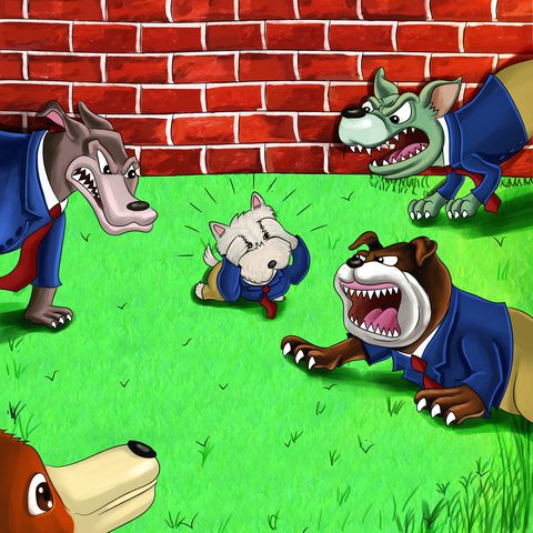On the playground, big dogs are being mean to Bones, a small white dog