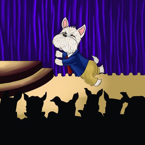 Bones, a small white dog, leaping up and down happily at the side of the stage