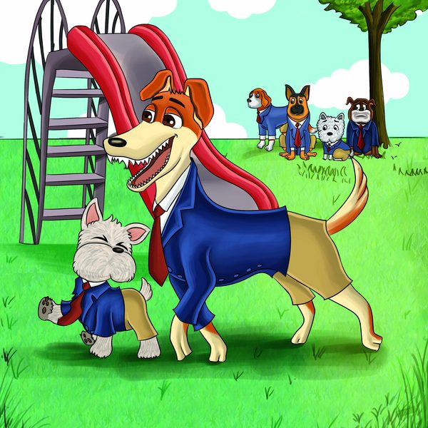 Dobb and Bones, a small white dog, walking side by side on the playground