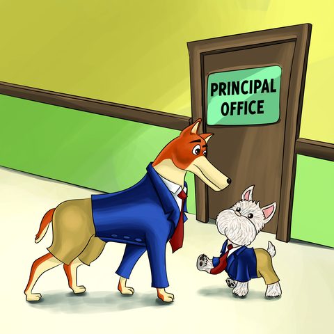 Dobb and Bones, a small white dog, at the principal's office door