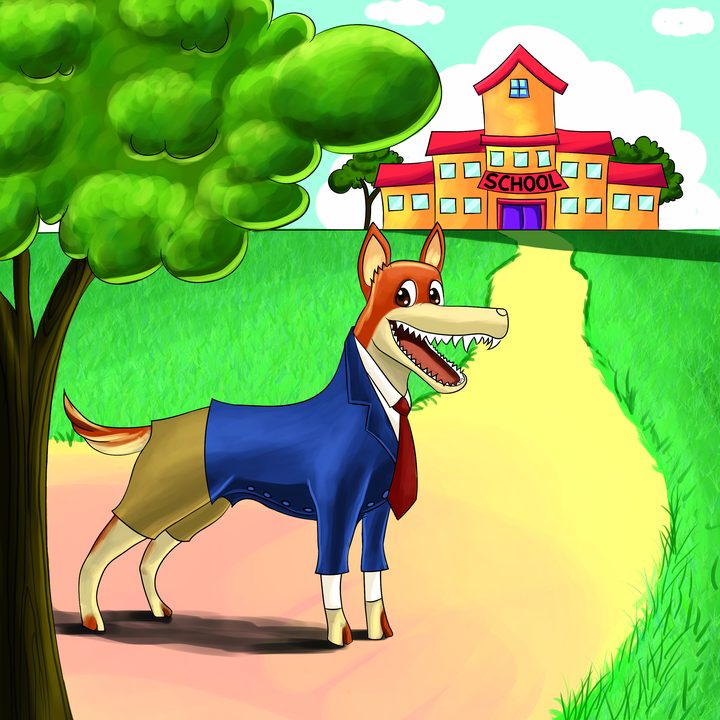 Dobb walking to school with a big smile